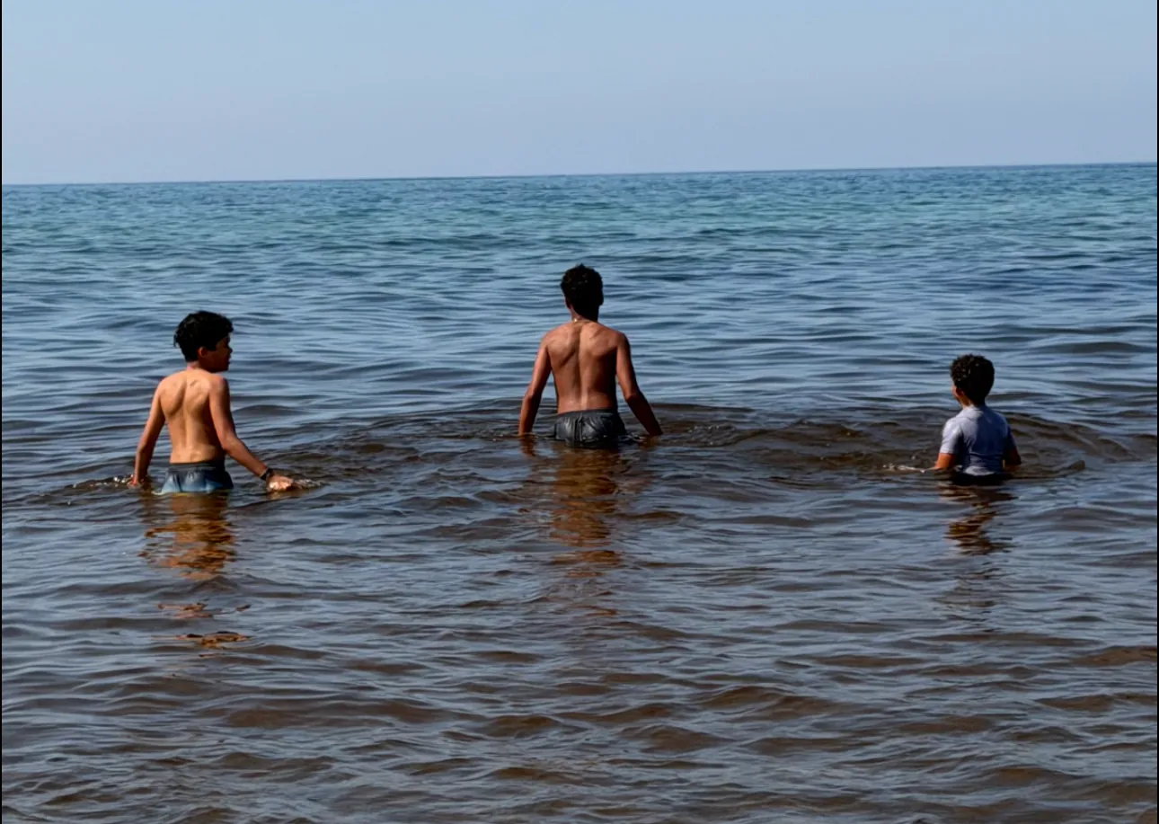Kids playing in the water along a Michigan lakeshore on a summer day